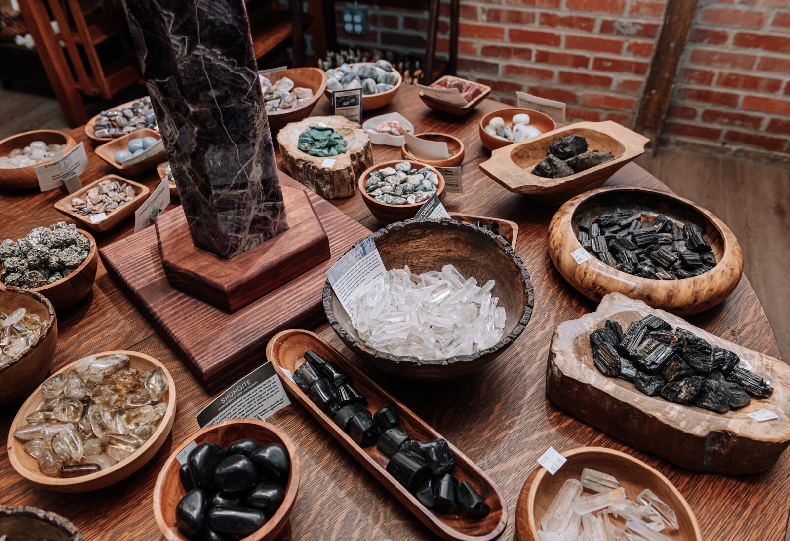 A variety of crystals and stones at 2 Crazy Crystal Guys, a Metaphysical supply store.