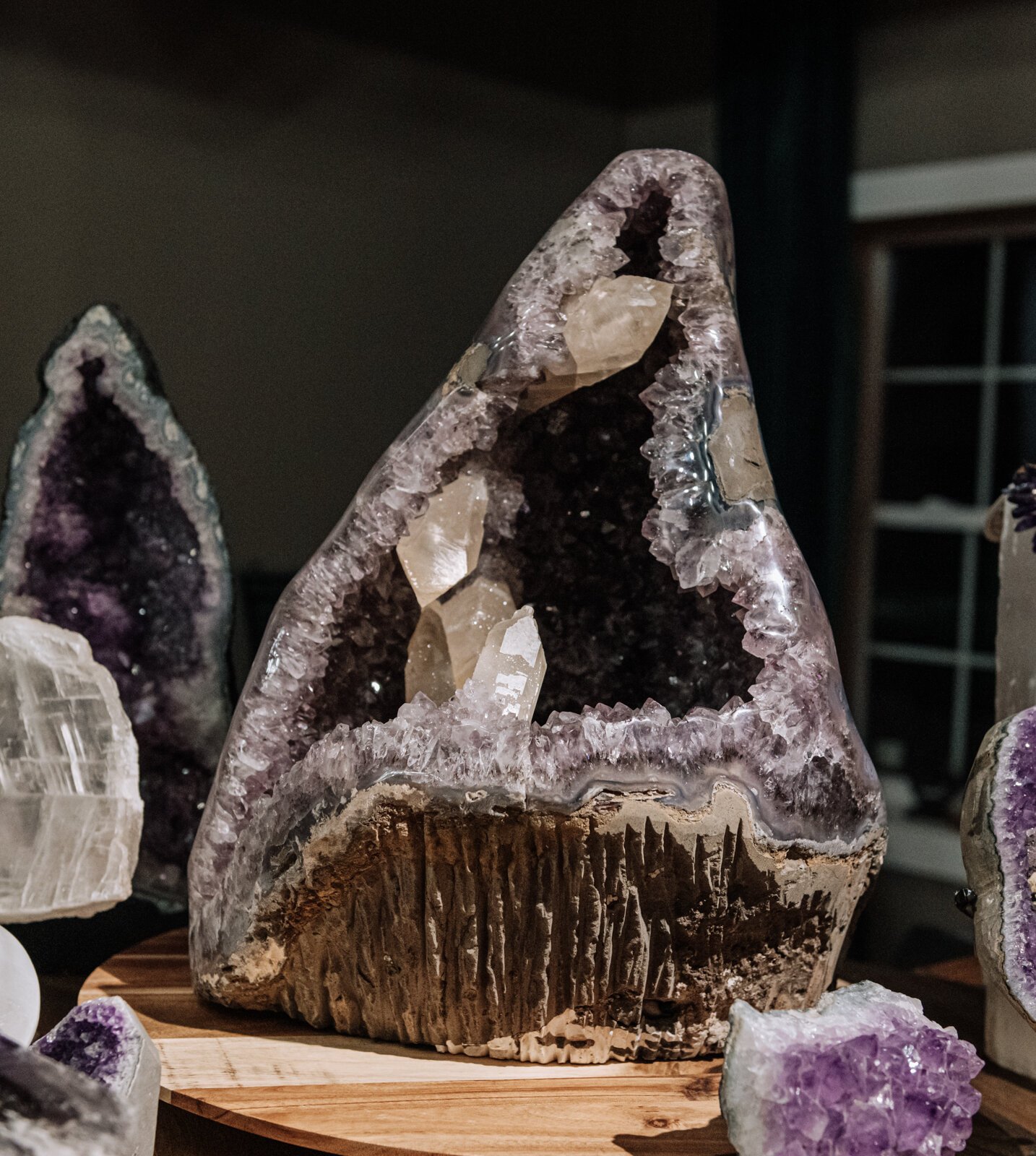 A calcite inclusions into amethyst cathedral at 2 Crazy Crystal Guys.