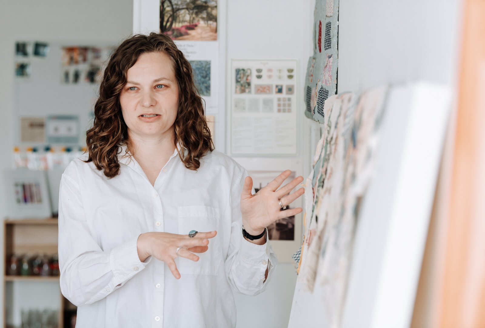 Dana Caldera in her studio space at Kinhouse Gallery.