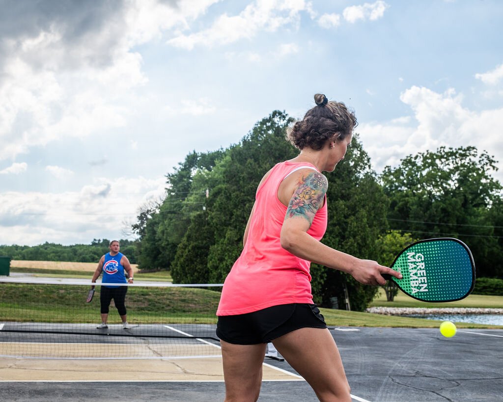 Friends gather to play at Hileman Farms, which features 5 private pickleball courts.