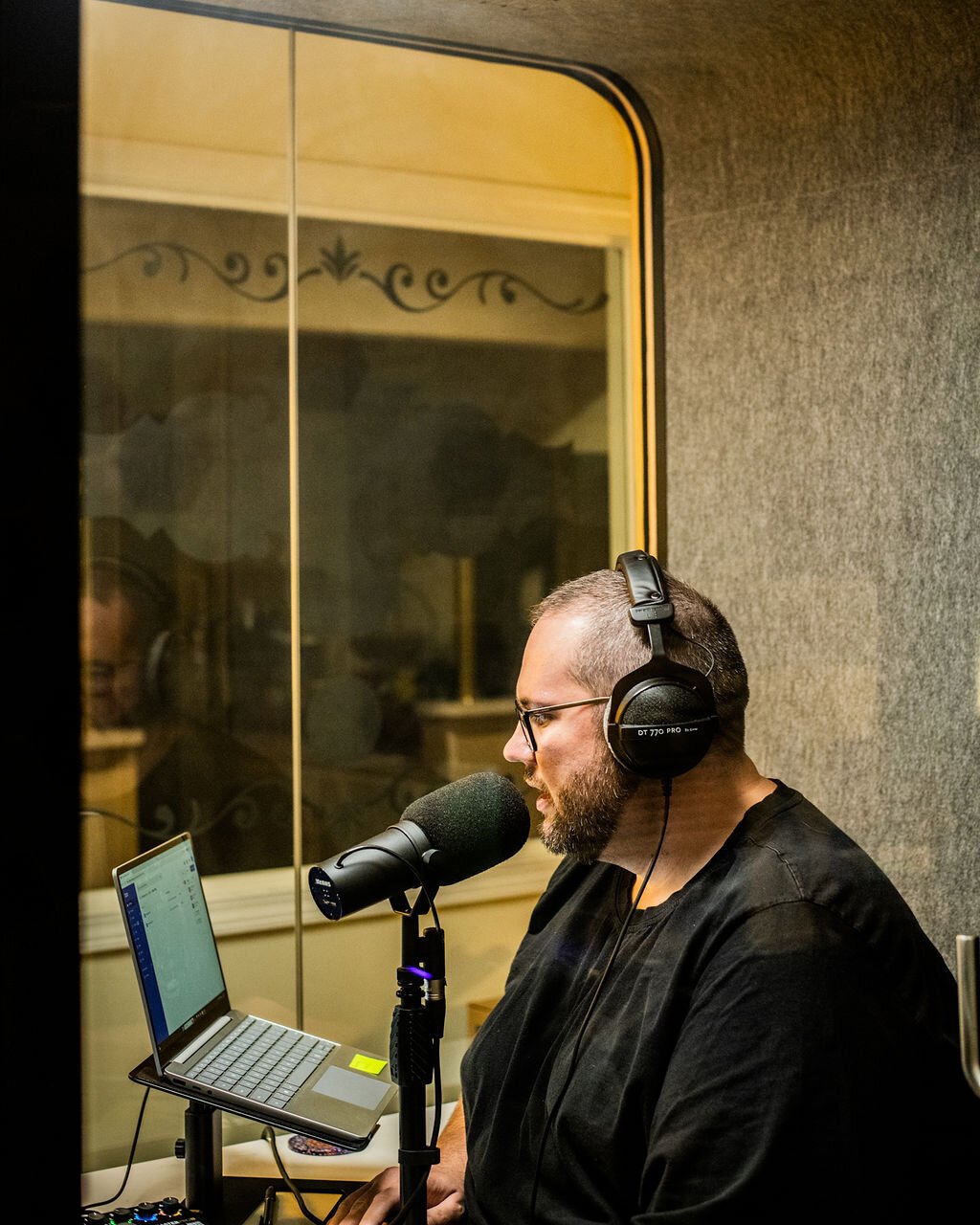 Shane Waters in his Wabash-based podcast studio.