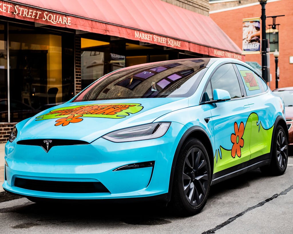 Shane Waters' Tesla, made to look like the Mystery Machine from "Scooby Doo."