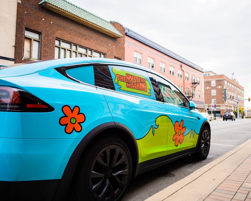 Shane Waters' Tesla, made to look like the Mystery Machine from "Scooby Doo."
