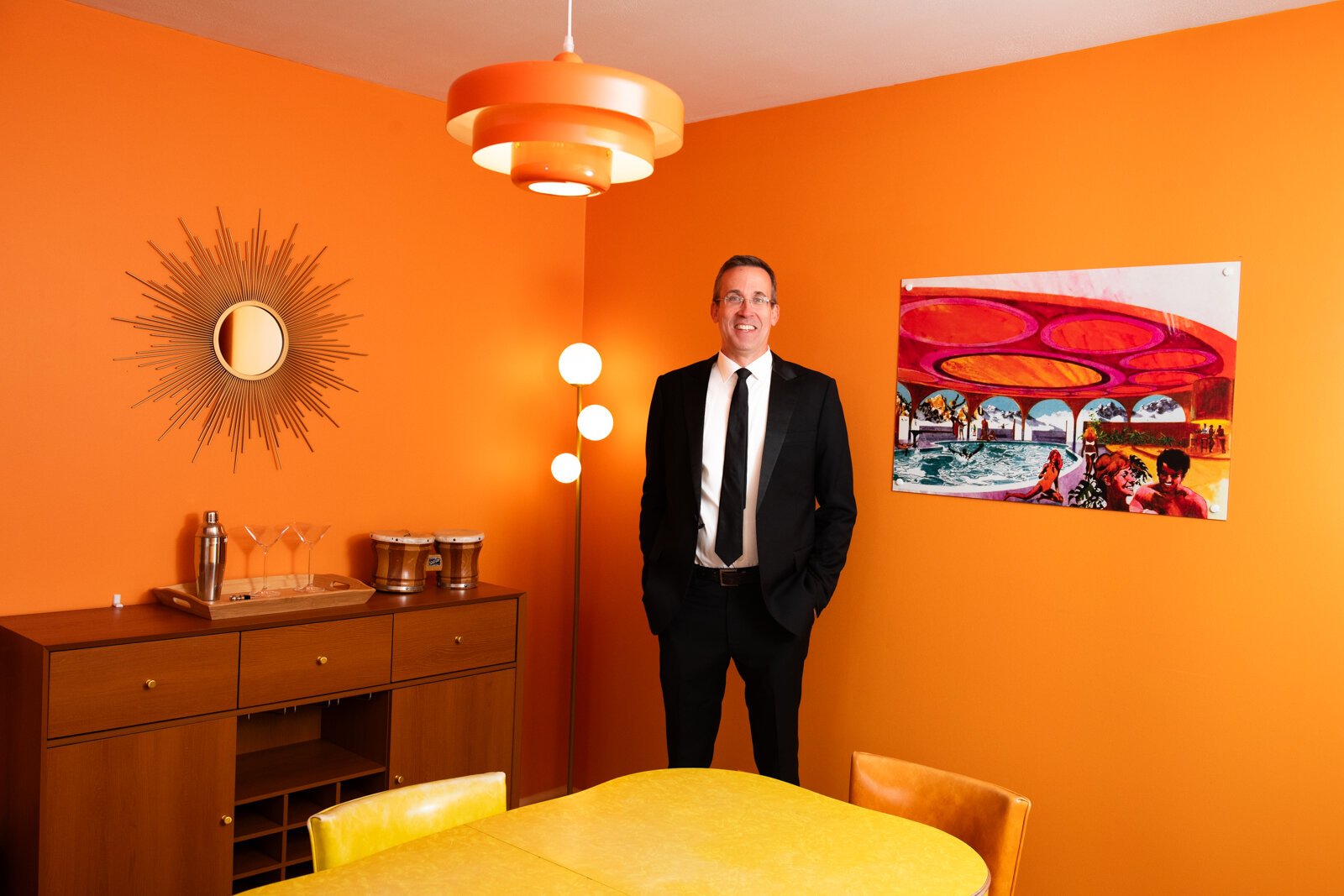 Property owner Mike Kelly, in the dining room of his Fort Wayne Airbnb, which is a recreation of Fawn Liebowitz's childhood home from the movie "Animal House."