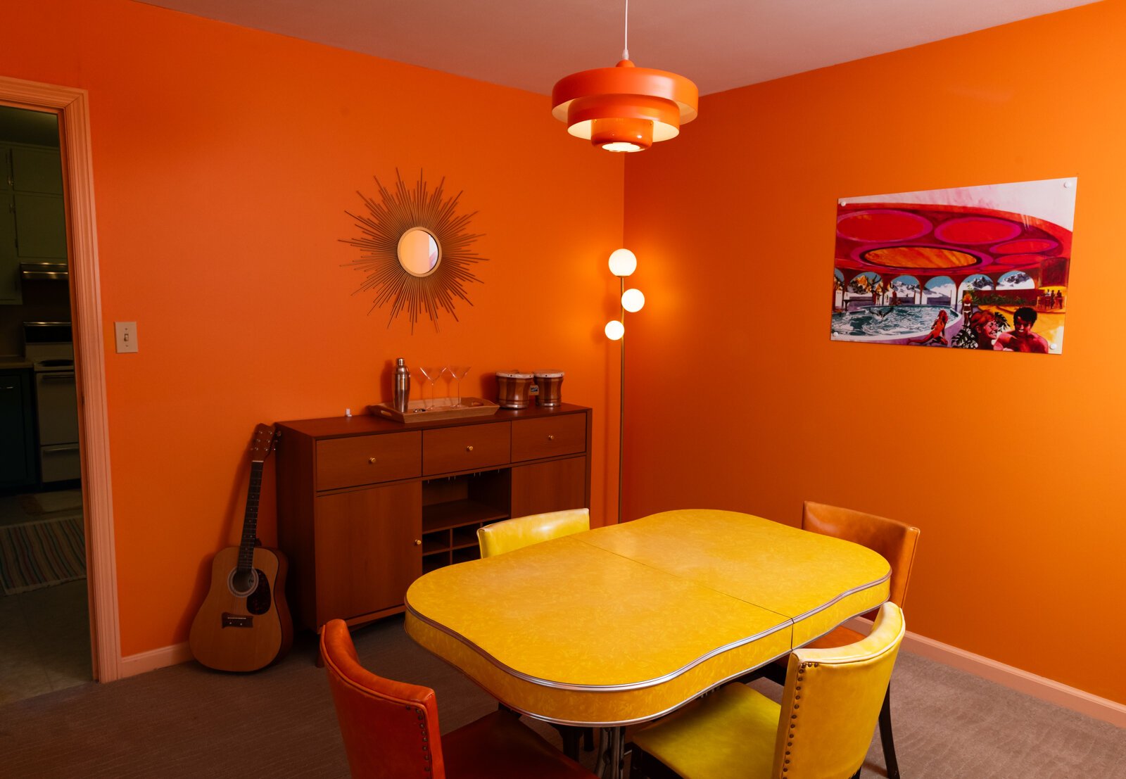 Dining room details in a Fort Wayne Airbnb, which is a recreation of Fawn Liebowitz's childhood home from the movie "Animal House."