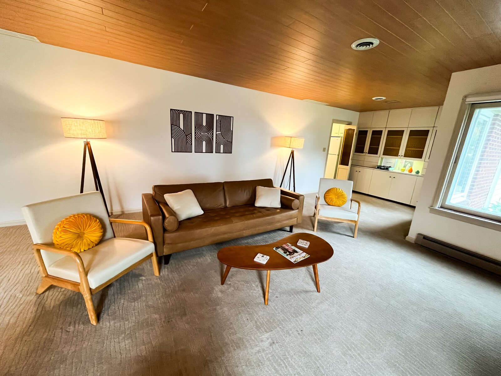 Living room details in a Fort Wayne Airbnb, which is a recreation of Fawn Liebowitz's childhood home from the movie "Animal House."