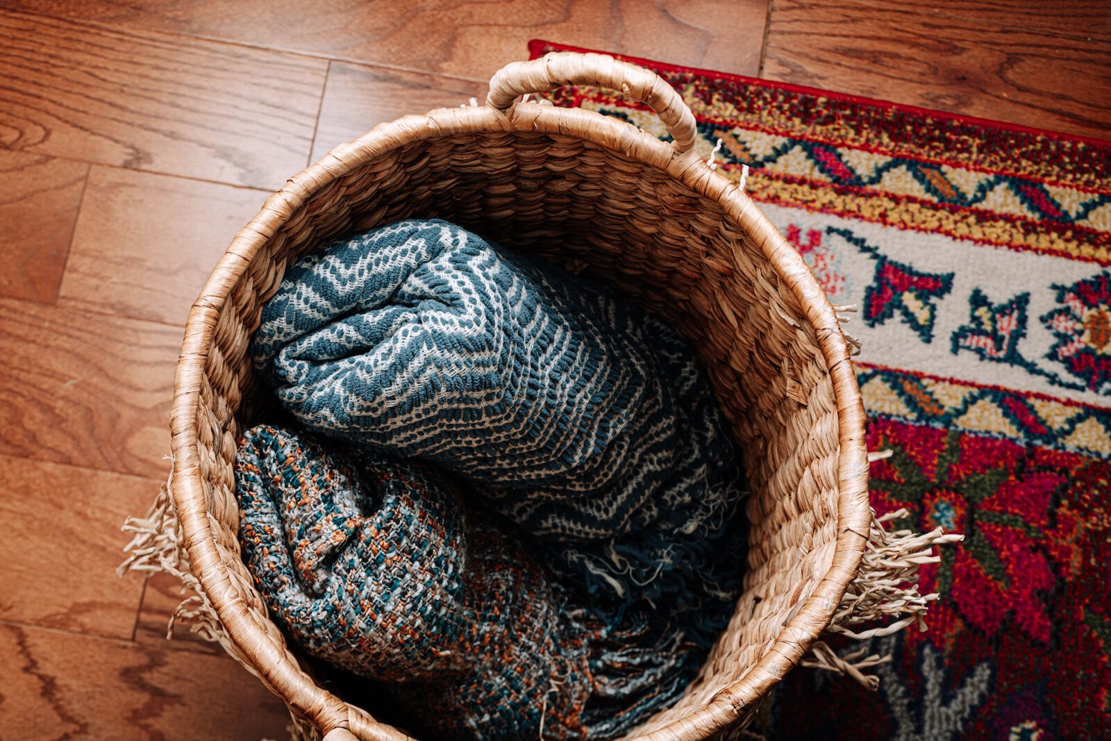 Rugs, wood floors and textures are the highlight of the Airbnb.