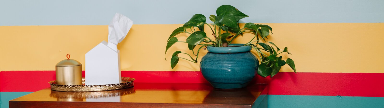 A colorful mural behind the dresser in one of the guest bedrooms.