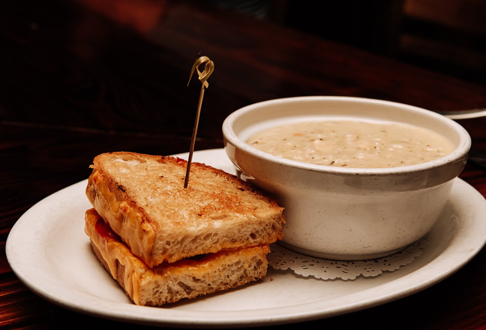 Half Irish cheddar sandwich with soup of the day lemon chicken rice at J K O' Donnell's at 121 W. Wayne St.