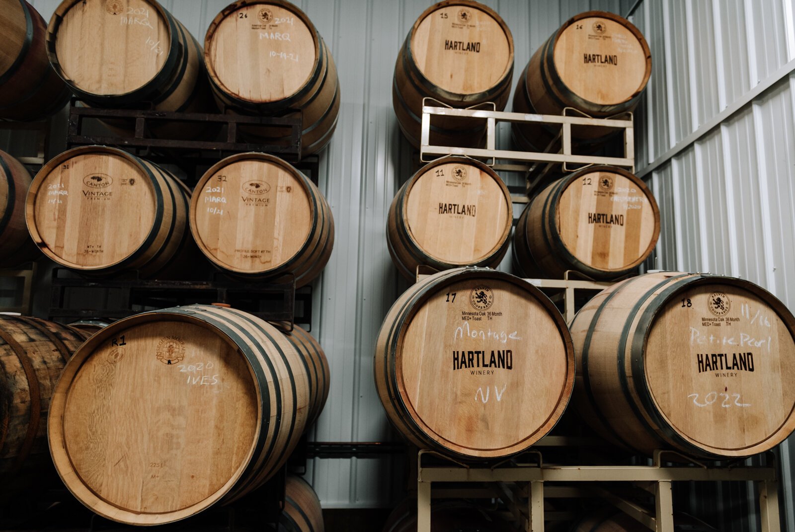 Wine barrels at Hartland Winery.