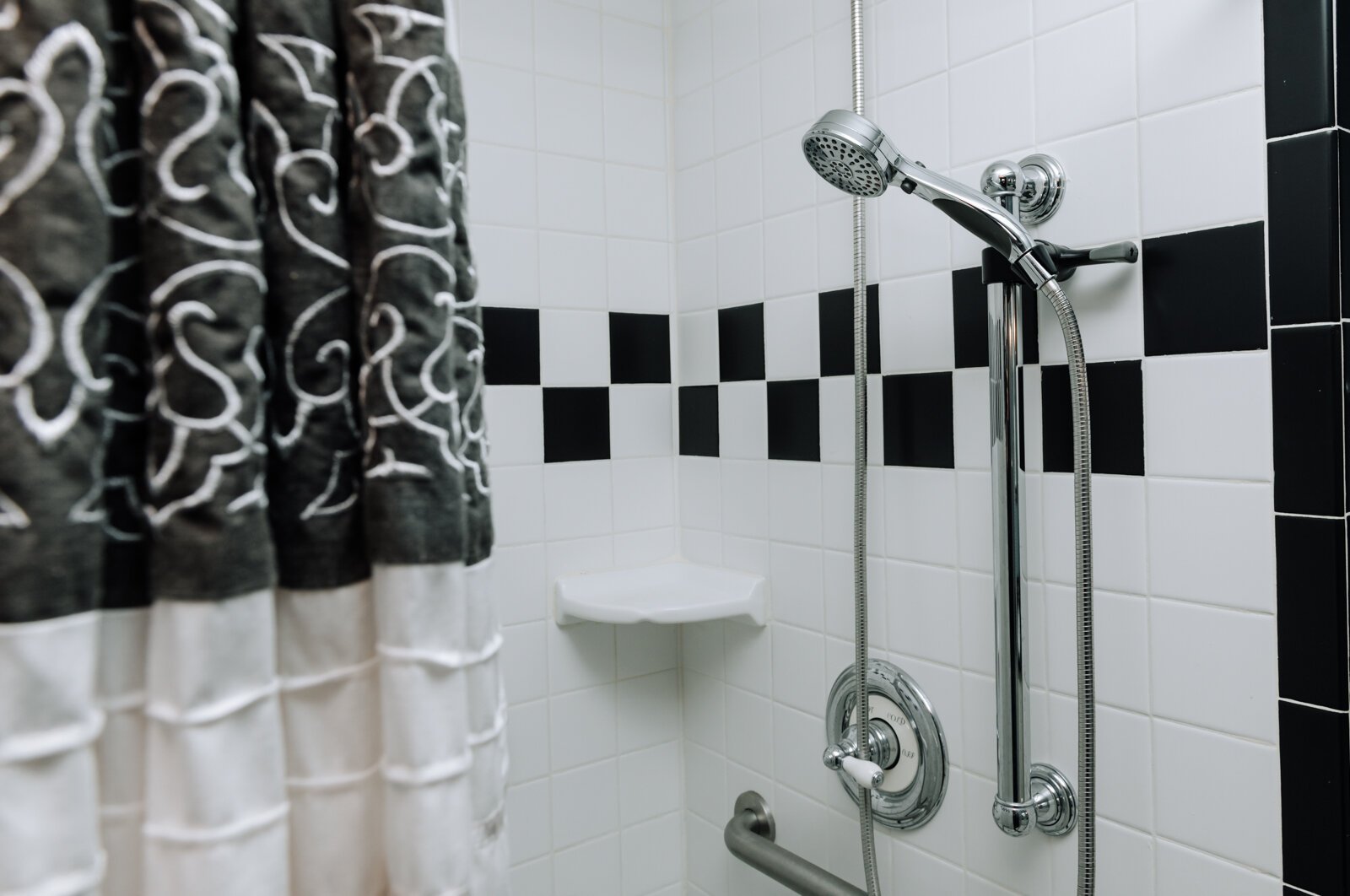 The bathroom in Amy Beatty's accessory dwelling unit that was added on in 2012 to accommodate her mother. The bathroom is equipped with a roll in shower. 