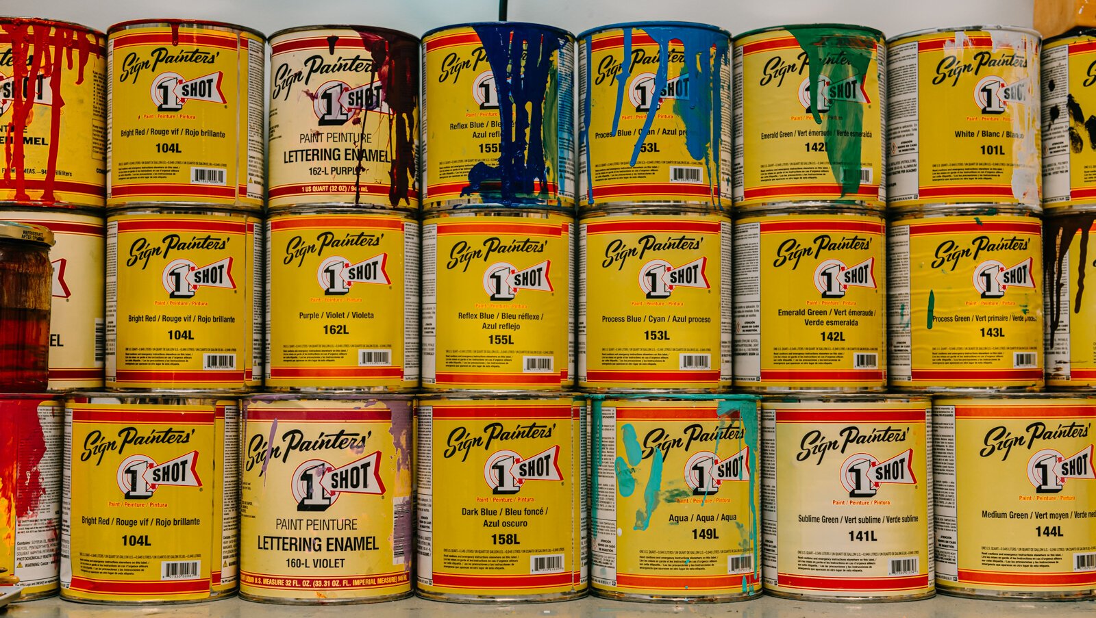 Sign Painters’ 1 Shot paint cans in Justin Lim’s shop, Old 5 and Dime Sign Co.