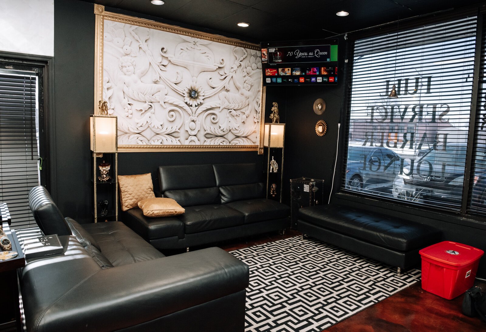 The lounge area at Legendary Barber Lounge.