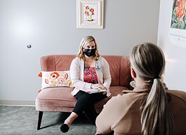 Caroline Braun, Clinical Programs Manager for Parkview Behavioral Health Institute, shows what a normal 1-1 therapy session would look like with a client during a mock session at Park Center, 2710 Lake Ave.