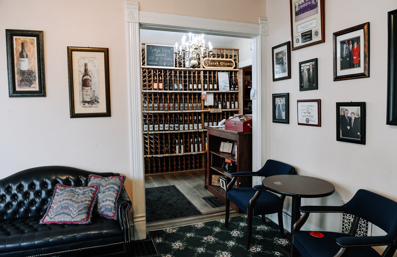 Inside seating at Rudy's Cigar Shop.