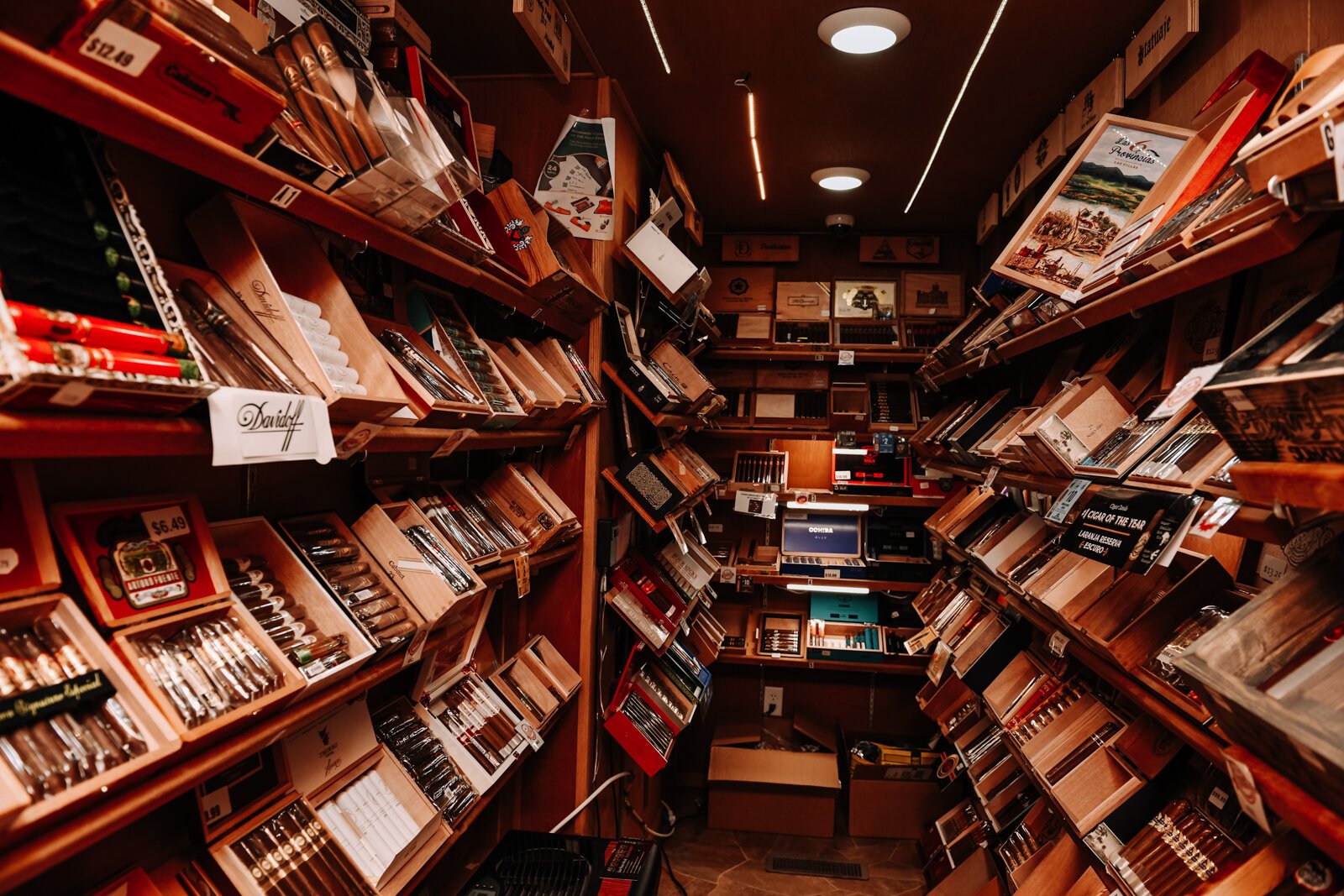 The humidor cigar room features a variety of cigars at Rudy's Cigar Shop.