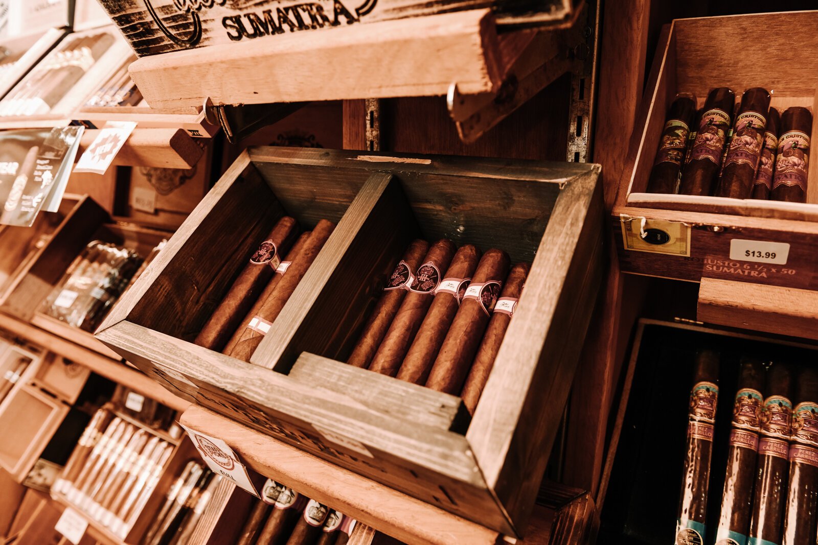 The humidor cigar room features a variety of cigars at Rudy's Cigar Shop.