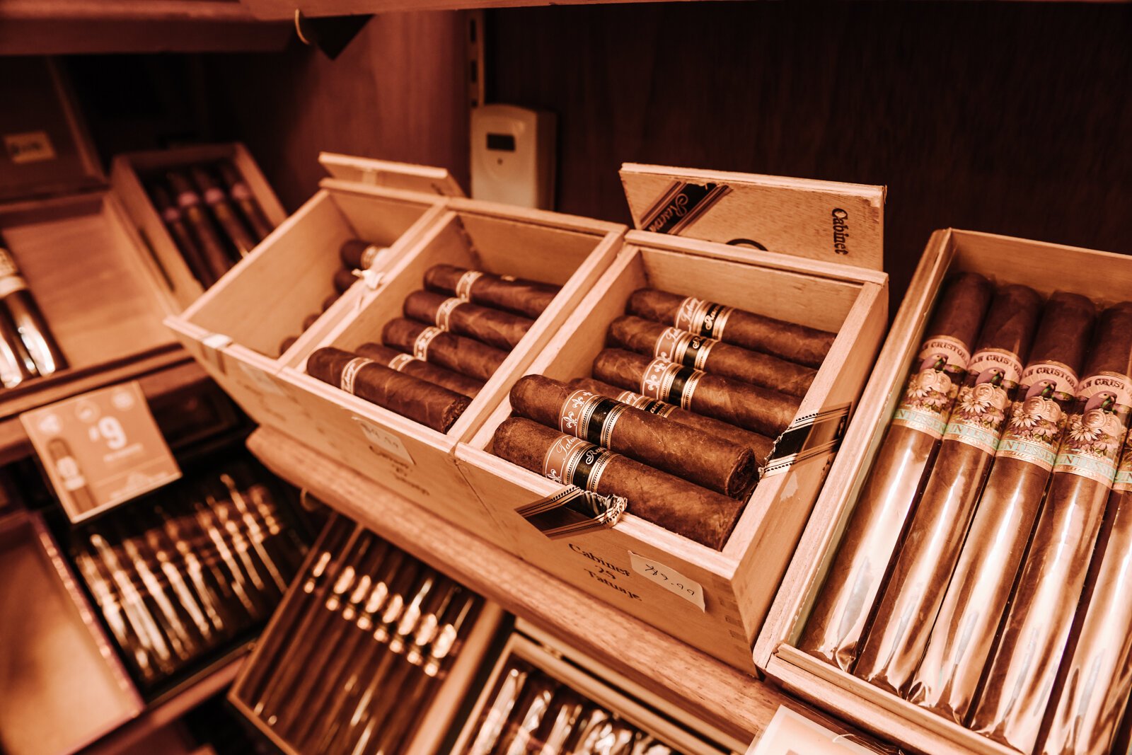 The humidor cigar room features a variety of cigars at Rudy's Cigar Shop.