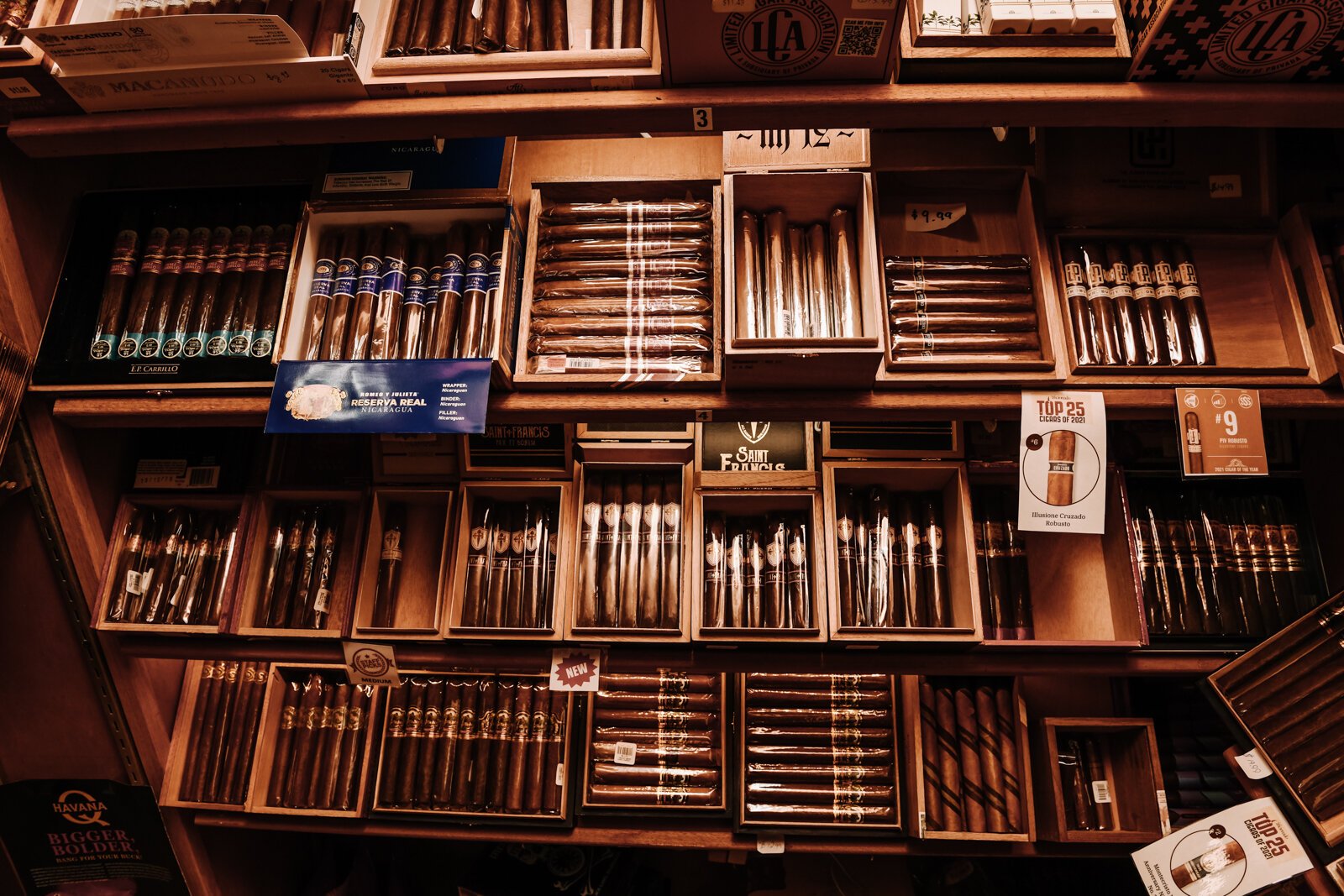 The humidor cigar room features a variety of cigars at Rudy's Cigar Shop.