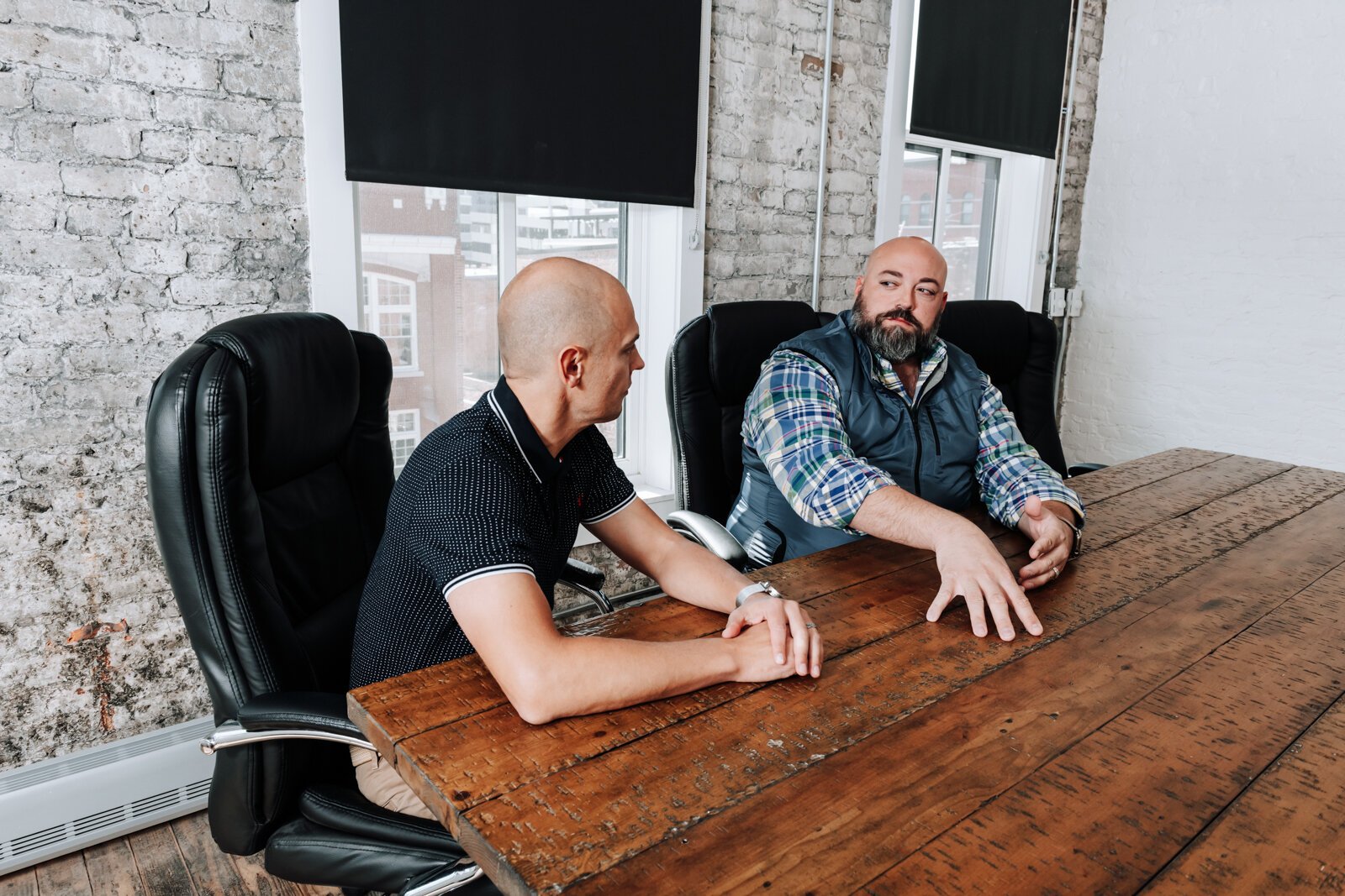 Shane Araujo, President/Co-Founder, right, and Alex Smith, CEO/Co-Founder of 3BG SUPPLY CO. have a meeting.