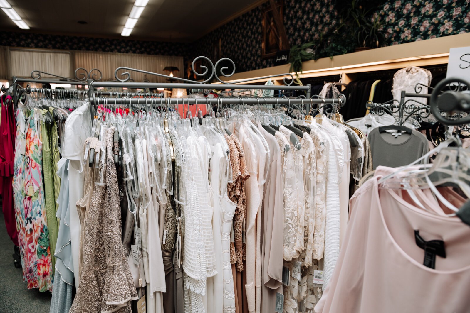 Dresses line the racks at The Francis Shoppe, 65 West Market Wabash, IN.