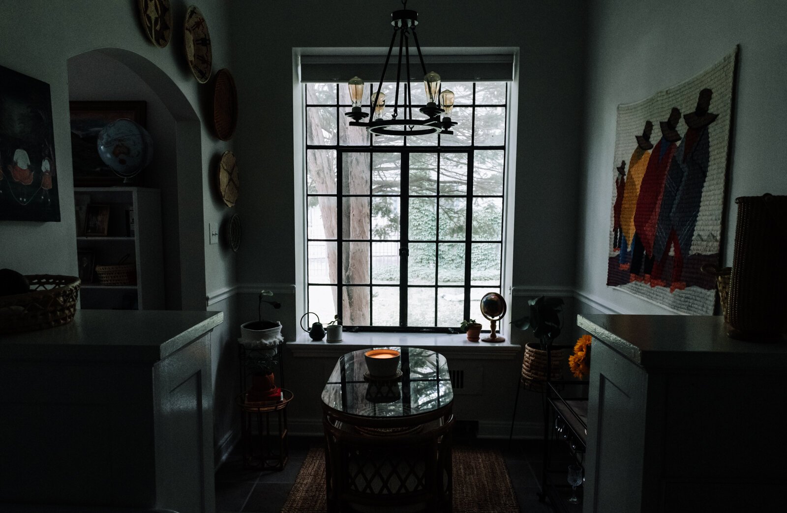 A table purchased from the Salvation Army fits well in the dining space in the apartment of Jamie Curtis.