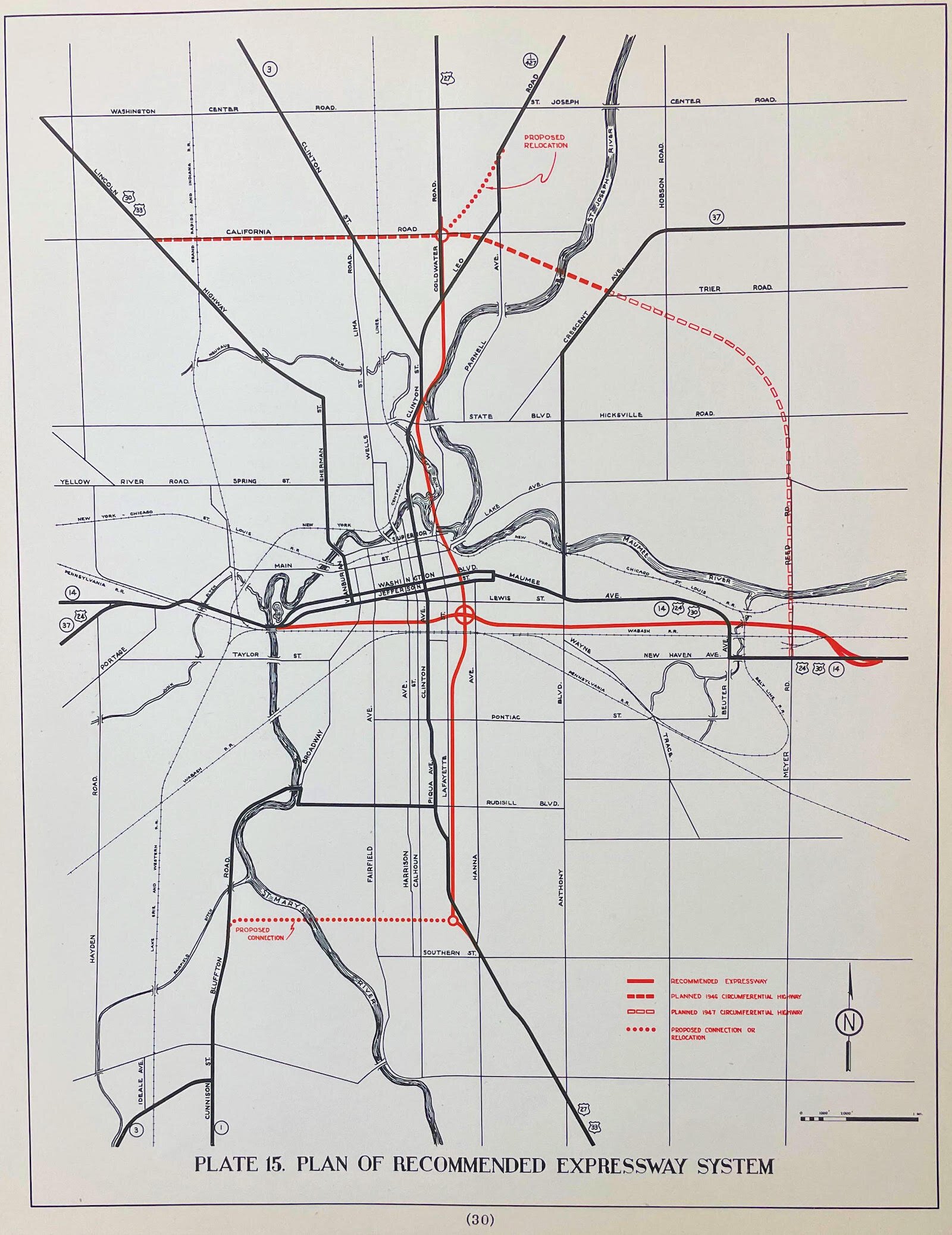 This map from the 1946 State Highway Commission plan shows the proposed path of both expressways. It also shows the path of a northern bypass, which became Coliseum Boulevard. Interestingly, this proposal routed the northern bypass along Reed Road. 