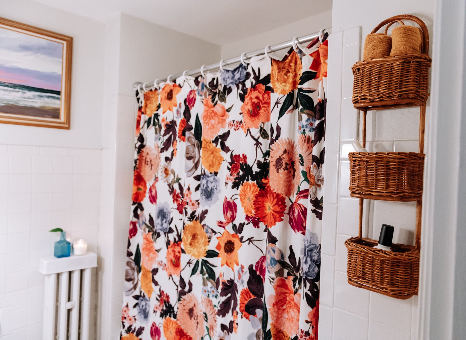 The bathroom pops with color and texture in the apartment of Jamie Curtis on Edgewater Ave. in the Lakeside Park neighborhood.