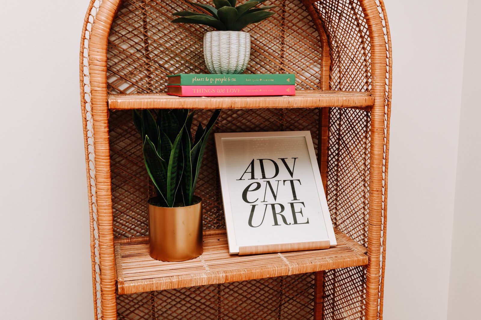 A decorative shelf in one of the bedrooms.