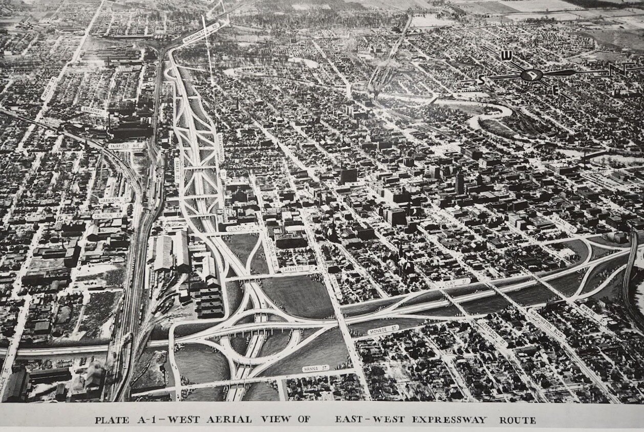 These maps, provided by Creager Smith, show the proposed expressways through Fort Wayne, which never came to fruition.