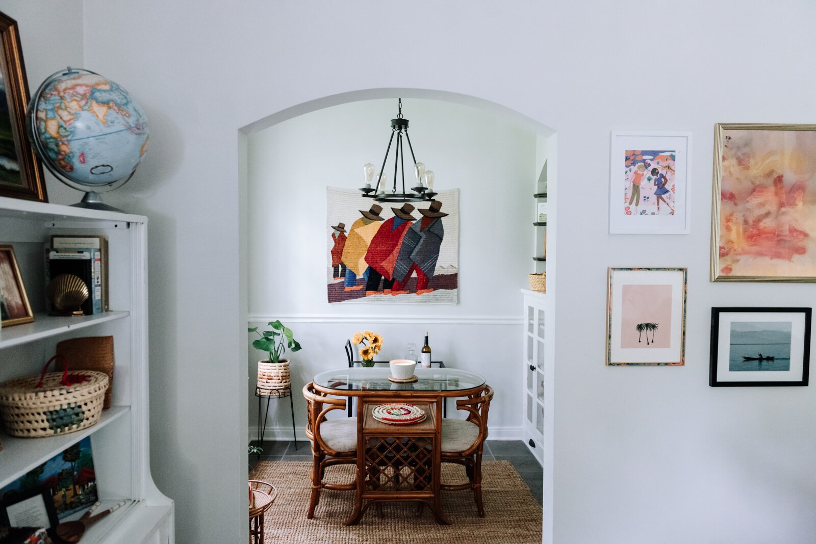 A table purchased from the Salvation Army fits well in the dining space in the apartment of Jamie Curtis.