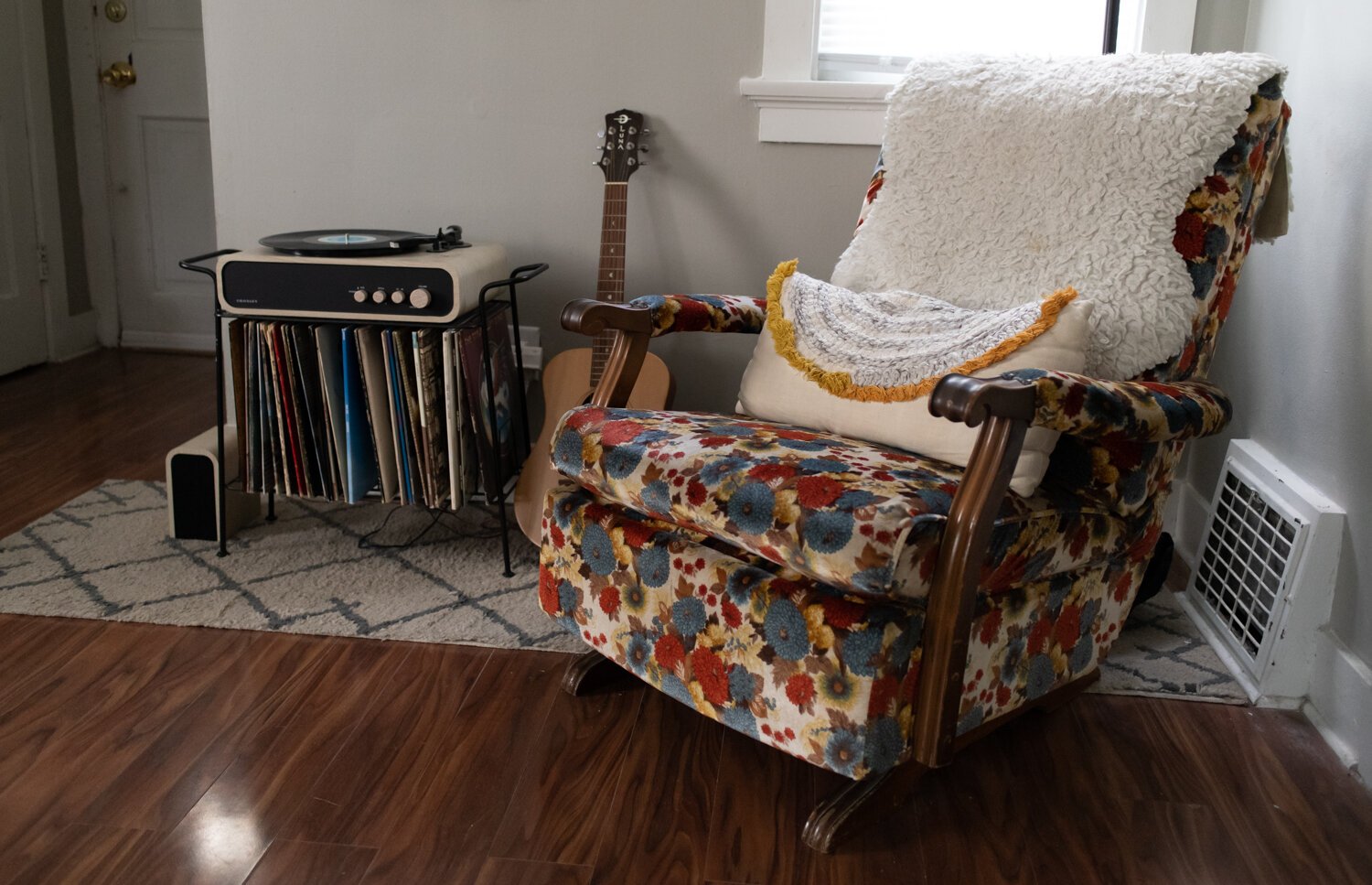 A thrifted chair the couple purchased from Hidden Treasures Antiques on Wells St. 