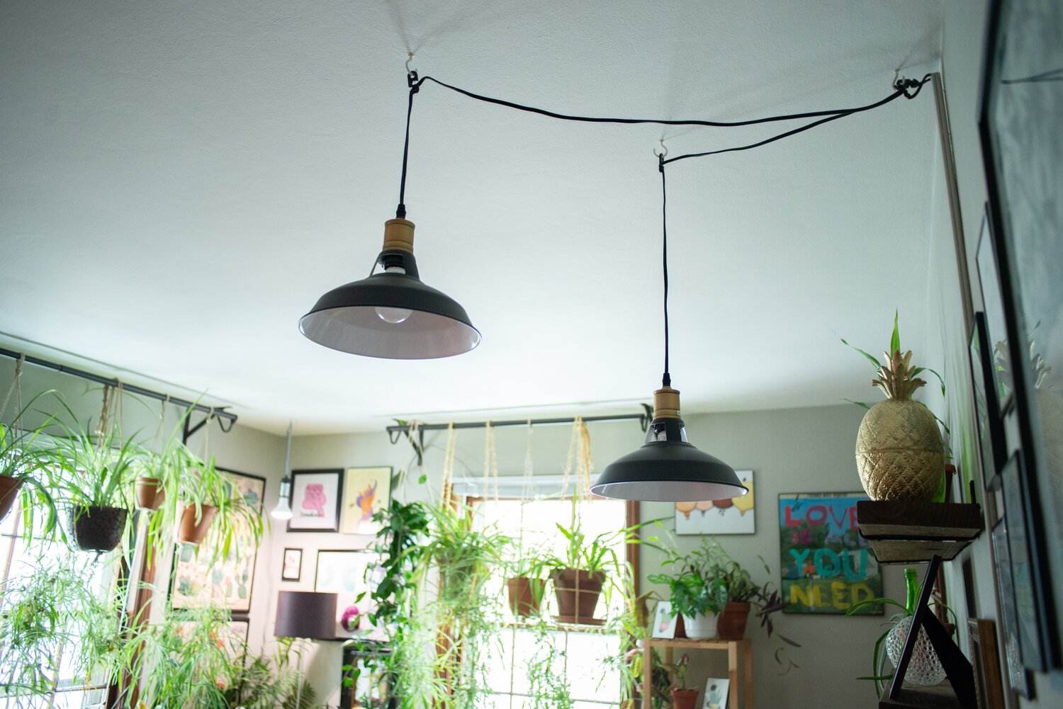 Hanging lights in the living room are a feature at the home.