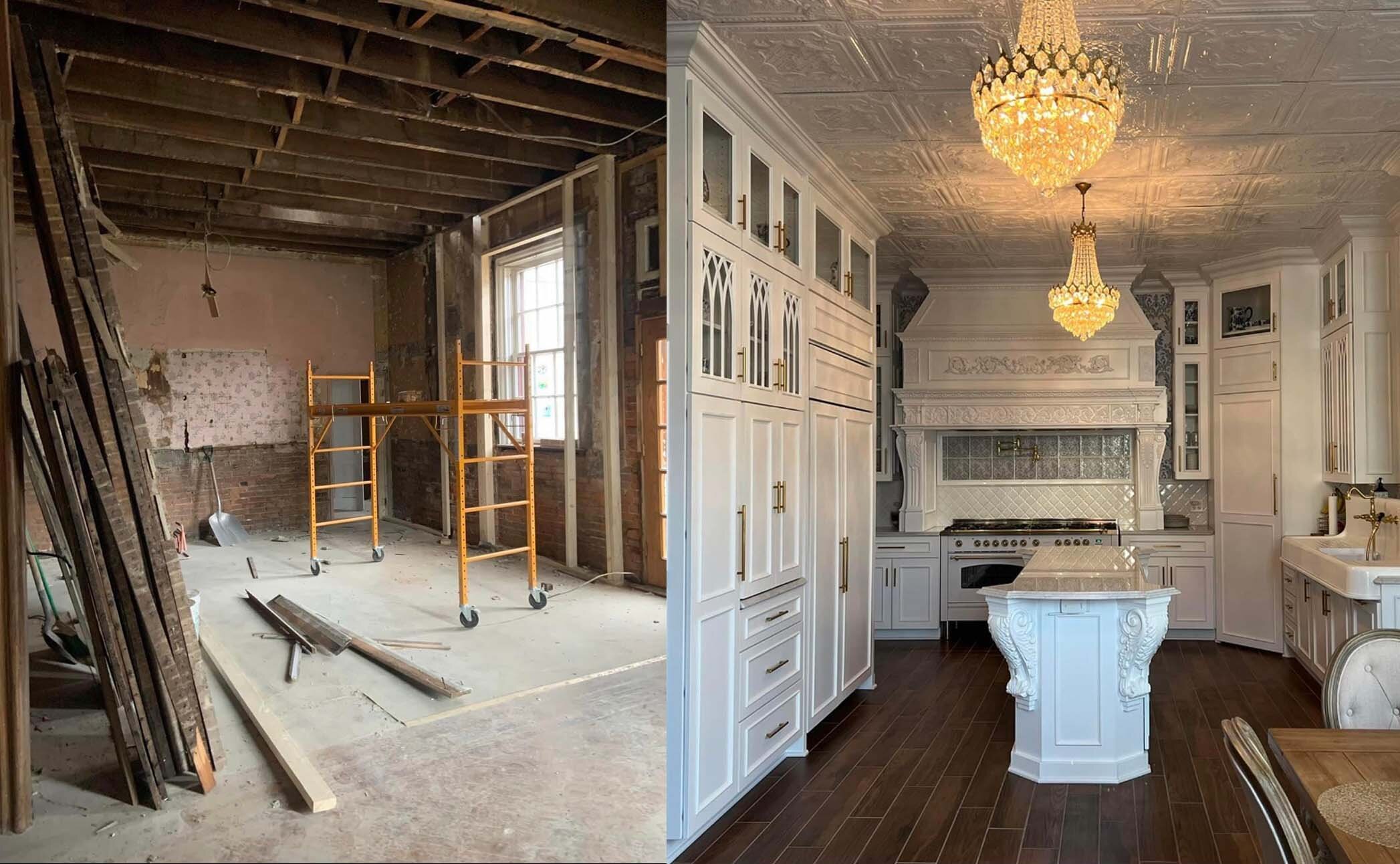 The Rauh's kitchen before (left) and after (right) renovations.