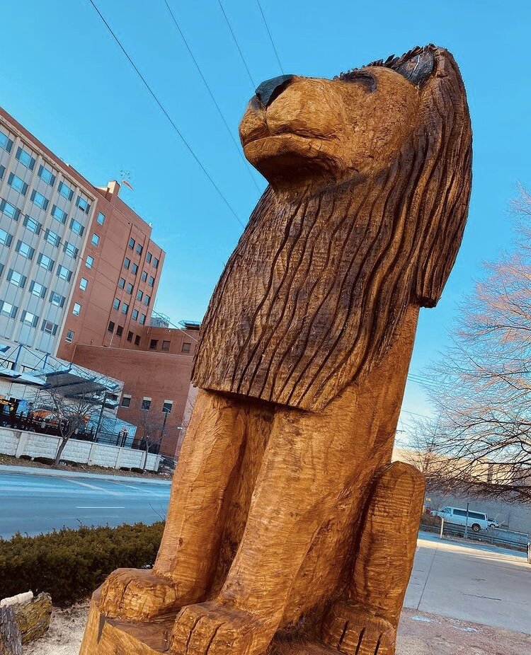 A lion sculpture outside Sharon's Victorian House of Gifts in Downtown Fort Wayne at 634 W. Berry St.