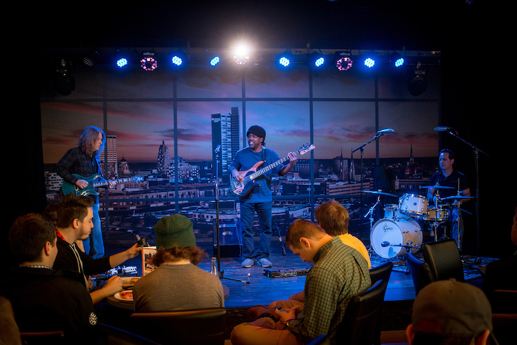 Victor Wooten performs at Sweetwater's Live at Lunch events in its Crescendo Cafe.