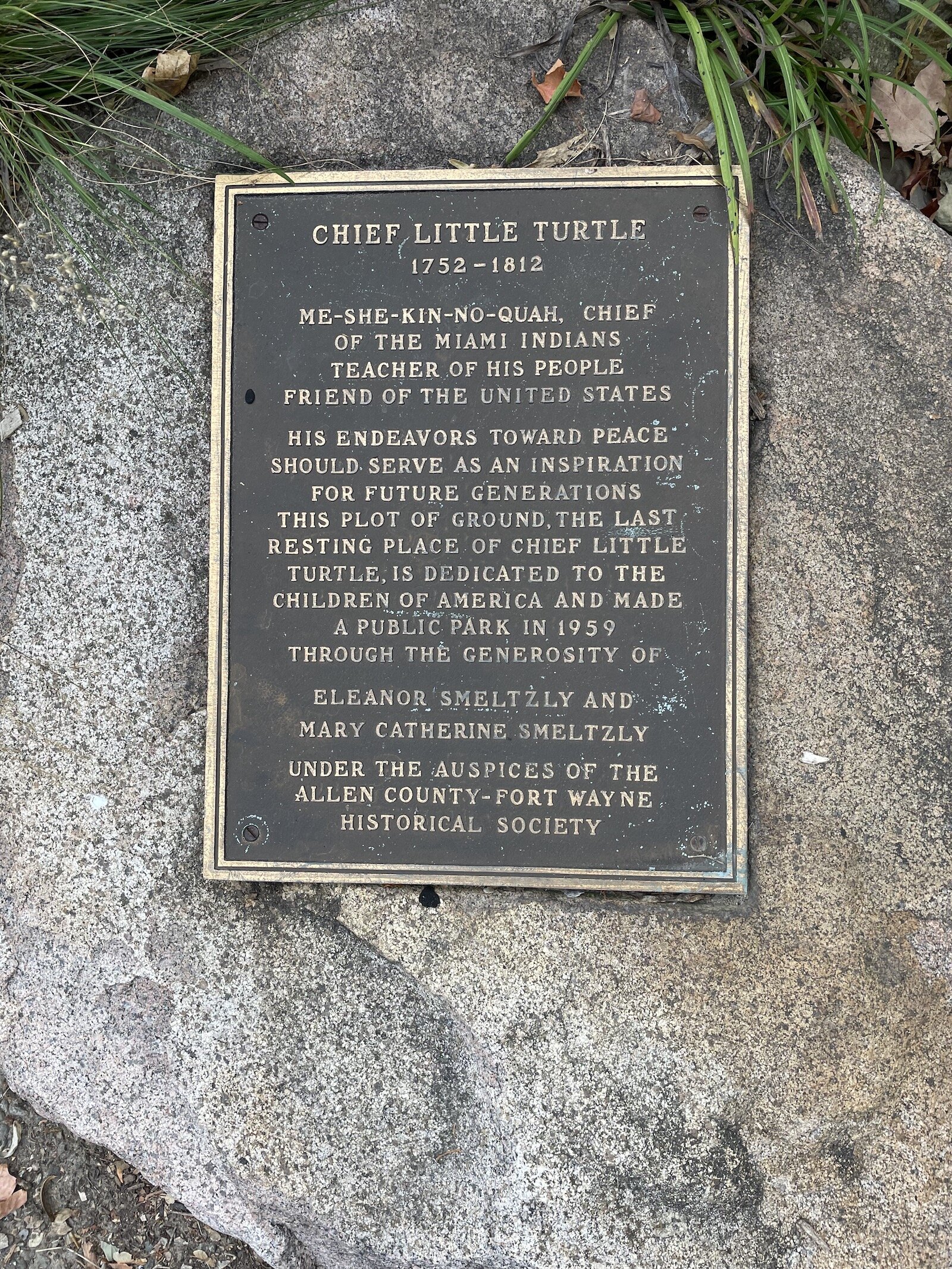 The grave of Little Turtle is marked at the front of a larger memorial park to the late Miami Chief.