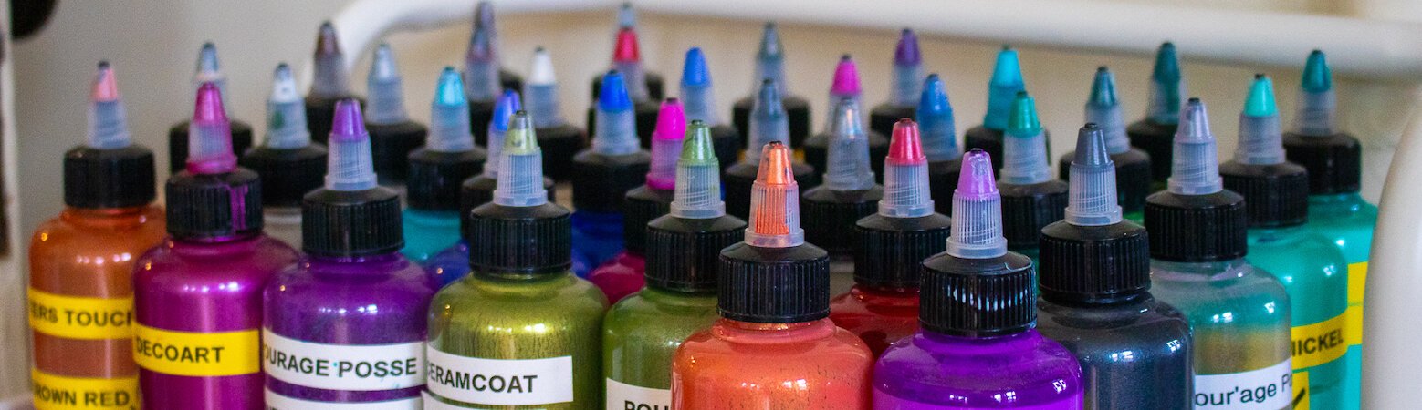Paints used to create drip painting at Indigo Studio in Downtown Fort Wayne.