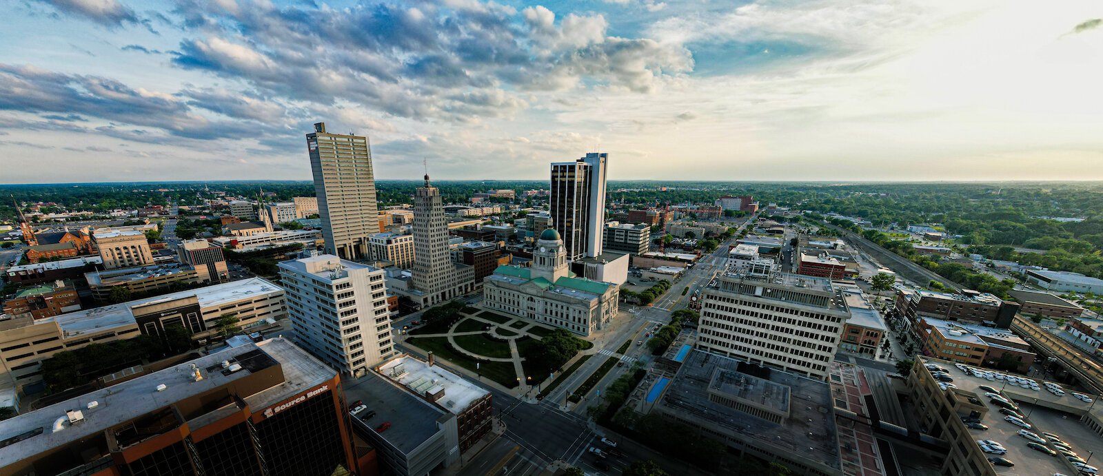 A drone shot of downtown Fort Wayne at golden hour.
