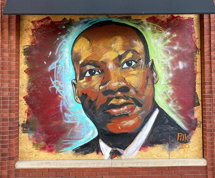 A mural of Martin Luther King Jr. by artist Jeff Pilkinton.