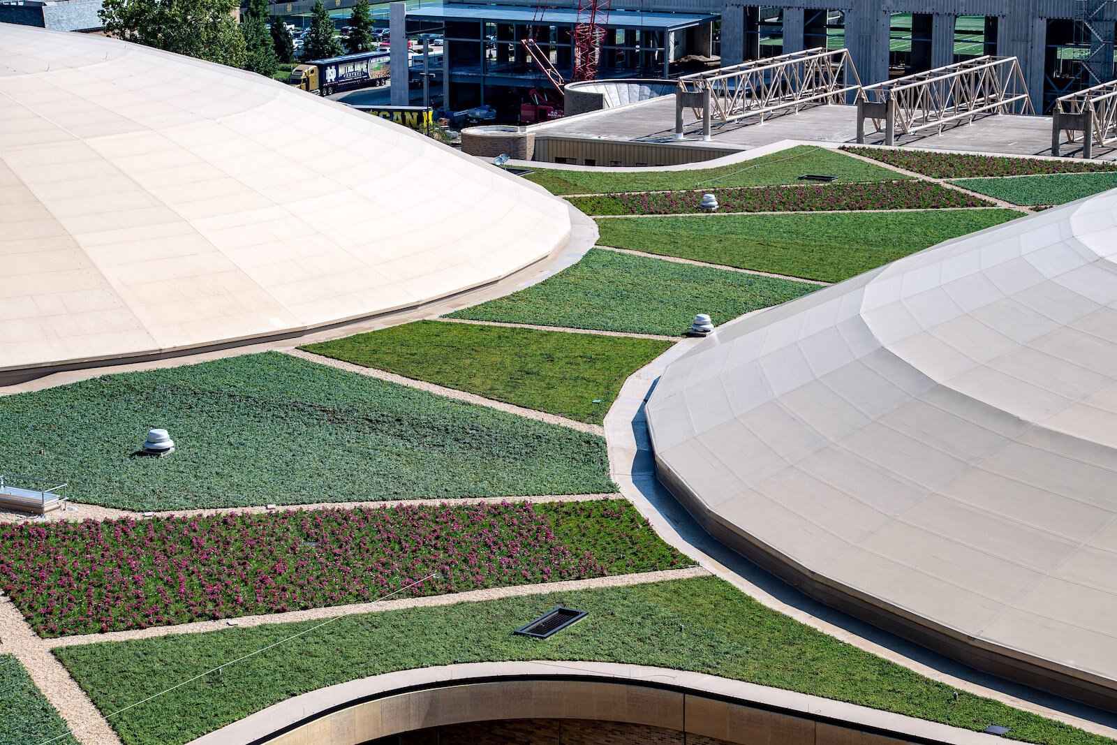 The green roof at Notre Dame's Joyce Center consists of 25 plant species, including 22 varieties of sedum, and a rooftop irrigation system.
