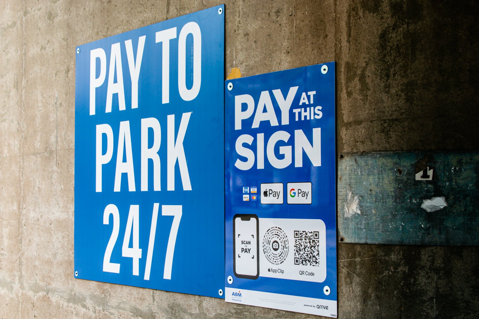 The railroad underpass offers 24/7 paid parking Downtown.