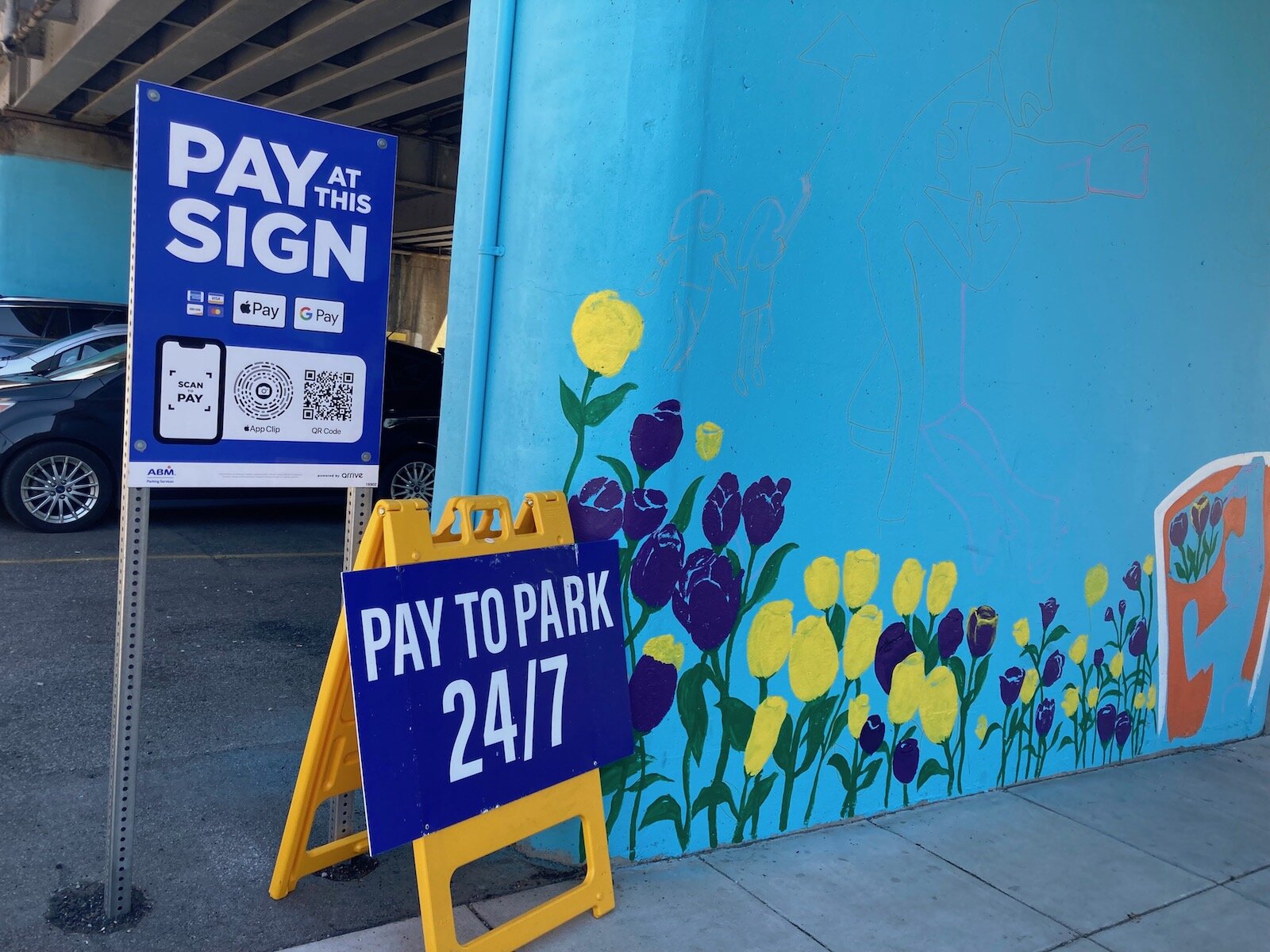 There's parking under the railroad overpass only steps away from The Landing near Harrison and Dock streets.