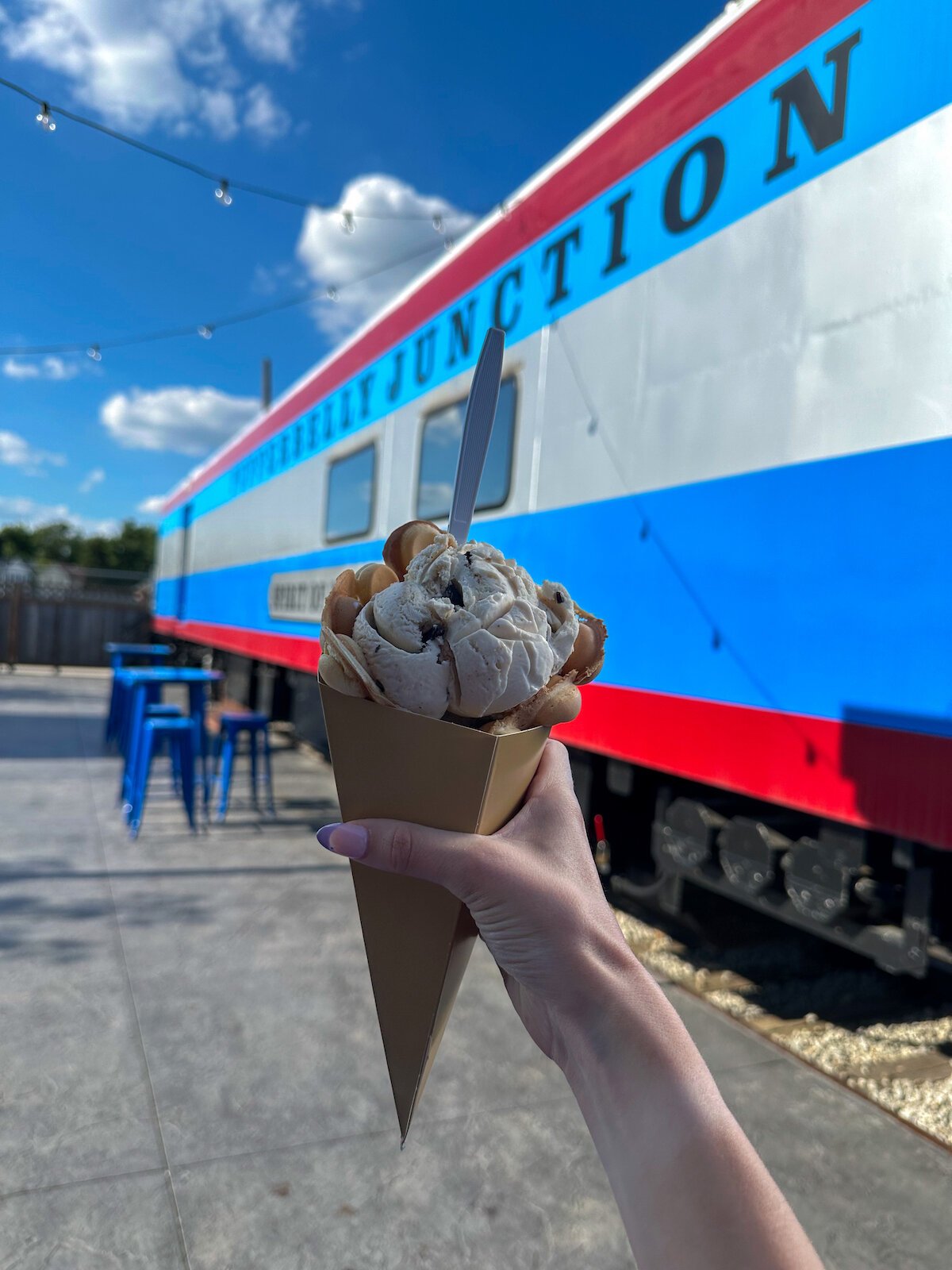 Smores ice cream in a bubble waffle cone from Pufferbelly Ice Cream.
