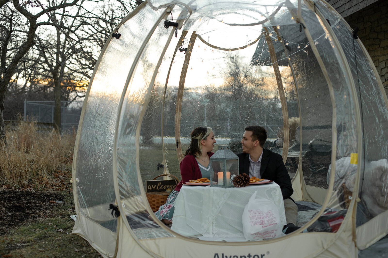 A “Popnic for Two” includes an hour in a heated tent with a decorated table, table setting essentials for a picnic, and a Bluetooth speaker for guest to play their choice of music through.