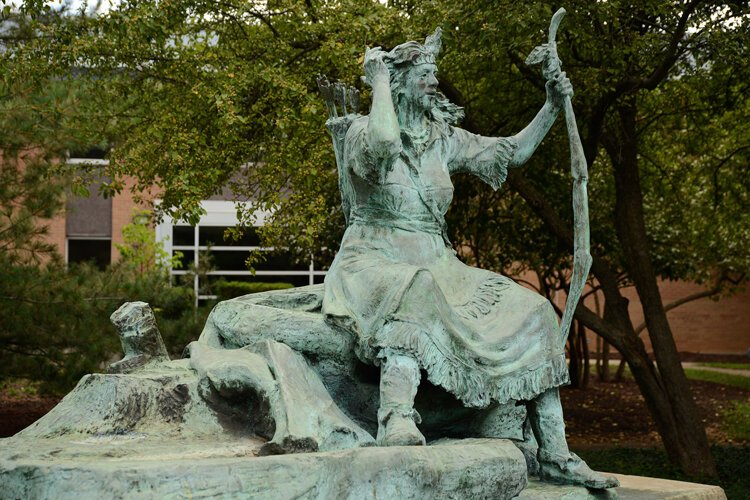 A statue of Princess Mishawaka by Sufi Ahmad (1987) at Mishawaka City Hall.