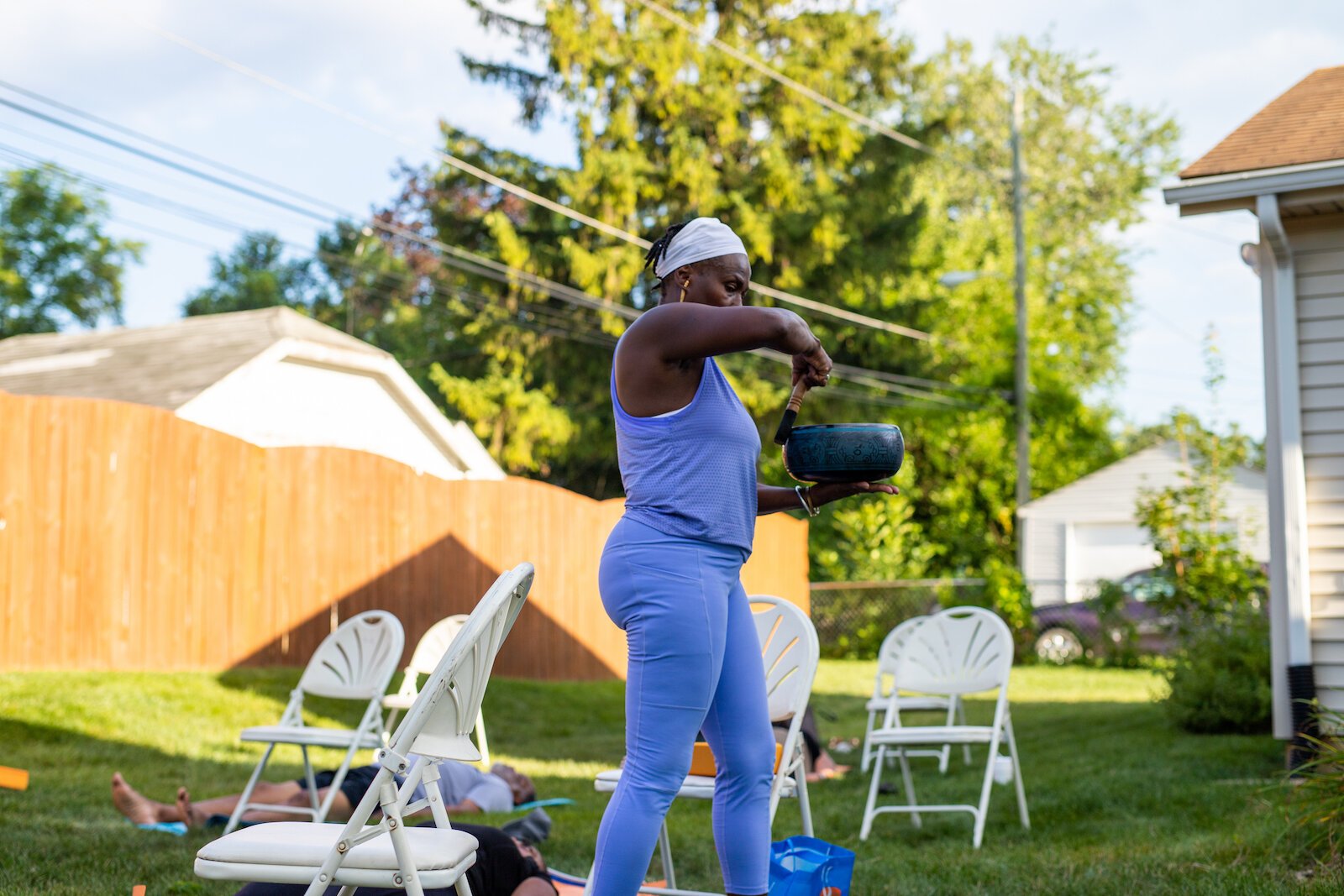 Diane Rogers uses various singing bowls during the class.