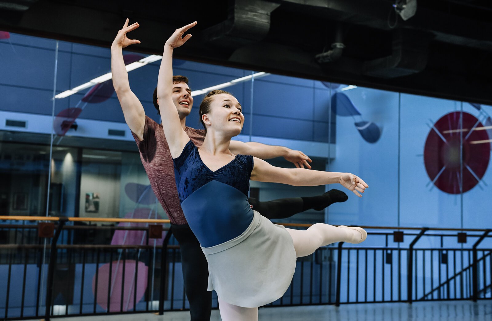 Fort Wayne Ballet's Talbot Rue and dancing partner Abby Zinsser practice the piece "Spring Waters" during a rehearsal at The Auer Center.