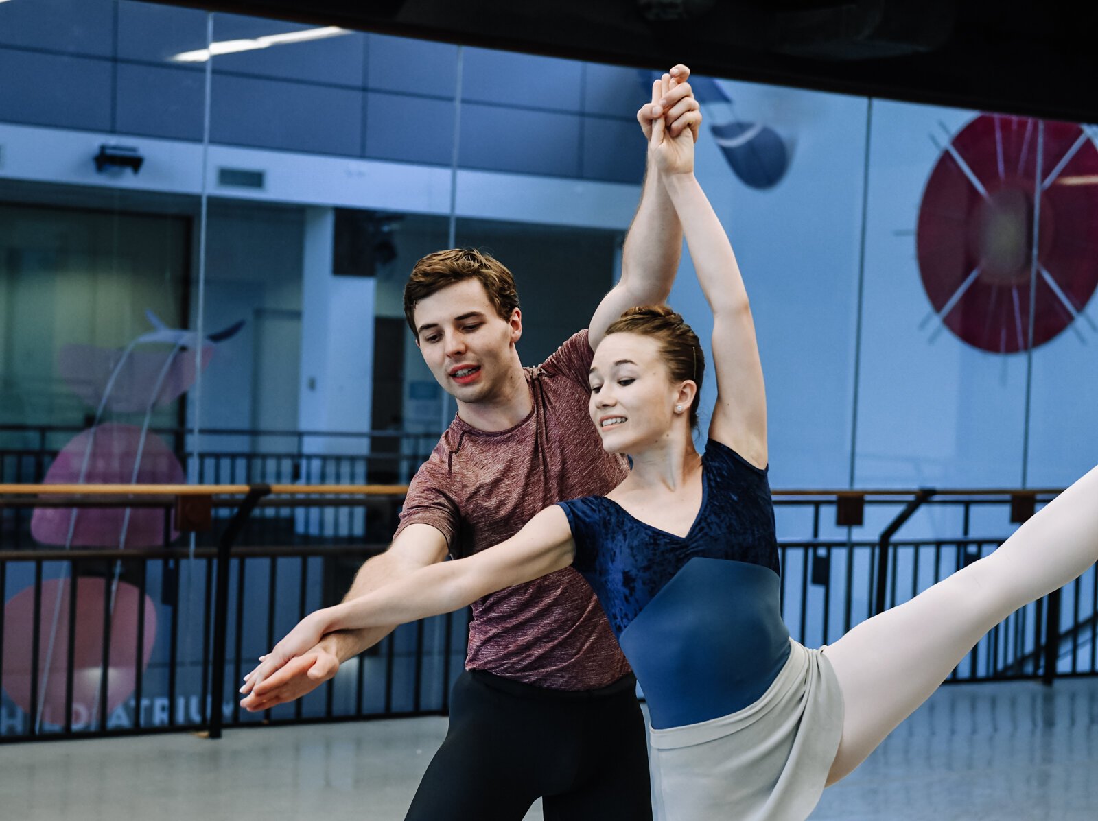 Fort Wayne Ballet's Talbot Rue and dancing partner Abby Zinsser practice the piece "Spring Waters" during a rehearsal at The Auer Center.