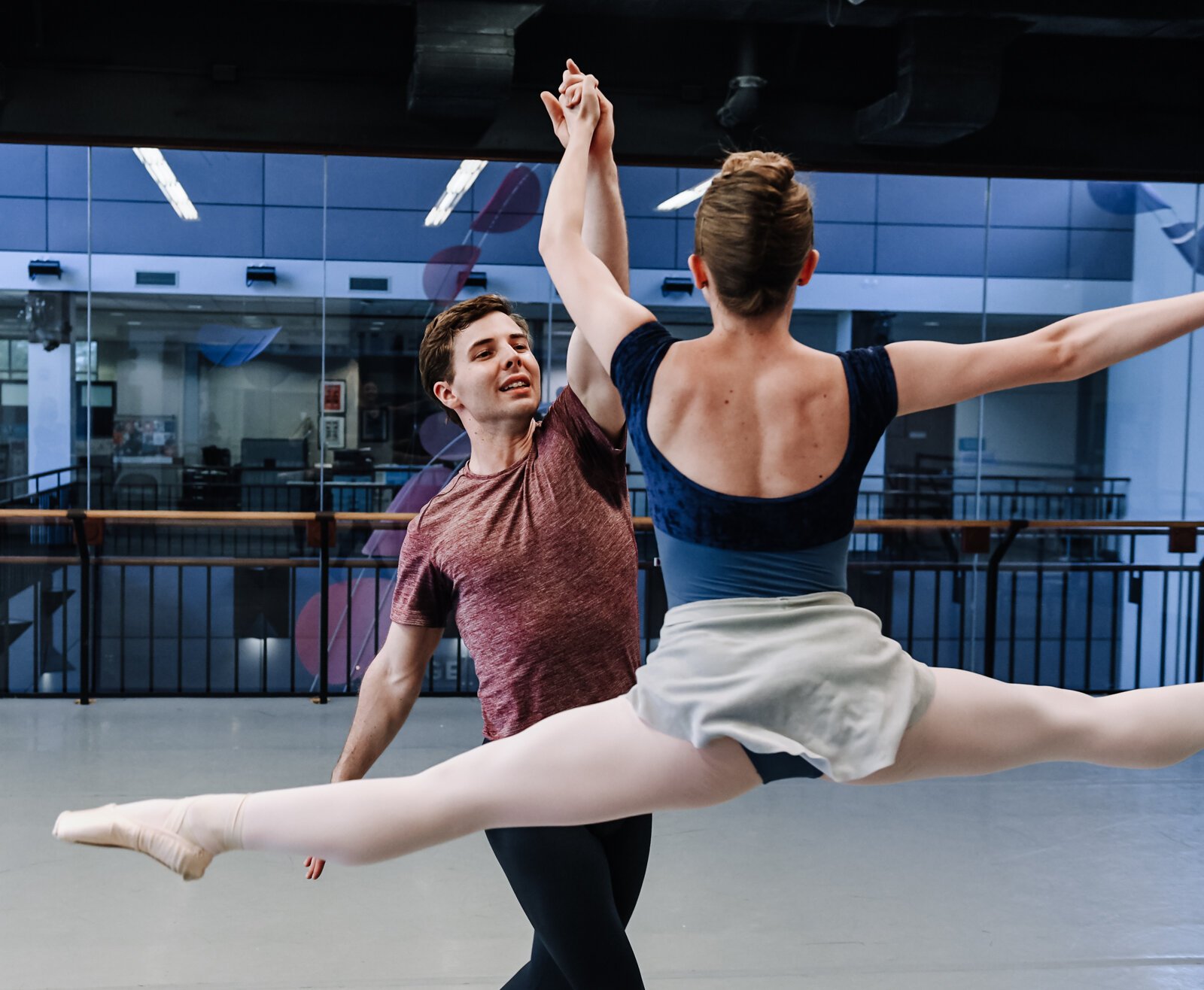 Fort Wayne Ballet's Talbot Rue and dancing partner Abby Zinsser practice the piece "Spring Waters" during a rehearsal at The Auer Center.